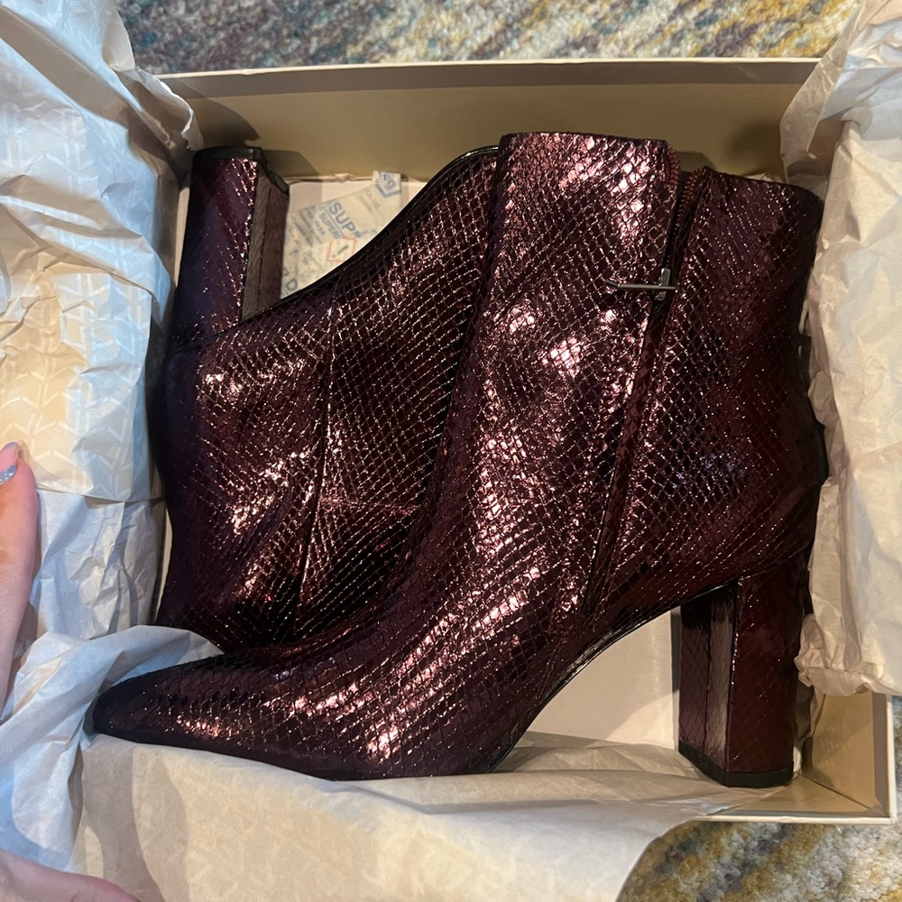 New in box dark purple leather metallic booties